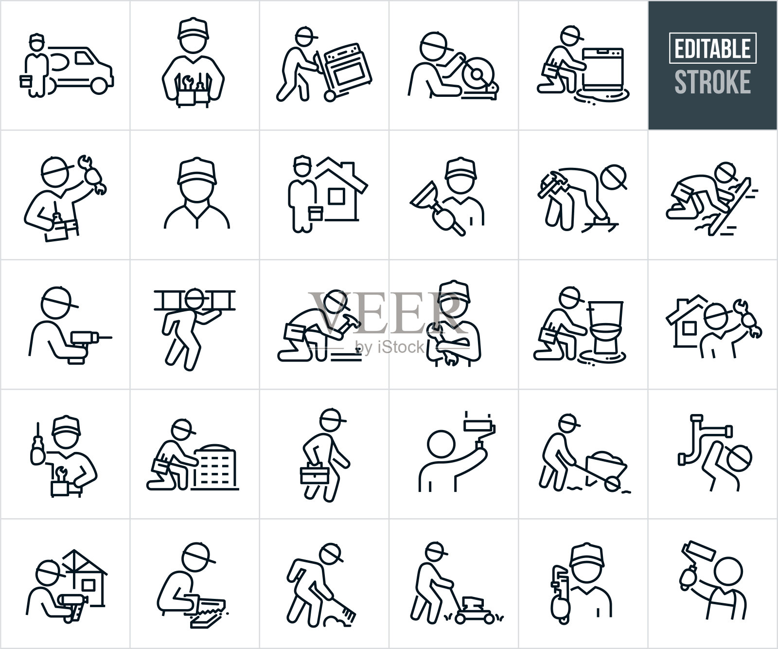 勤杂工细线图标-可编辑的笔画-图标包括修理工，方便的人，手工艺人，木匠，水管工，蓝领工人，修理，修理，园林设计师，油漆工，家用电器插画图片素材