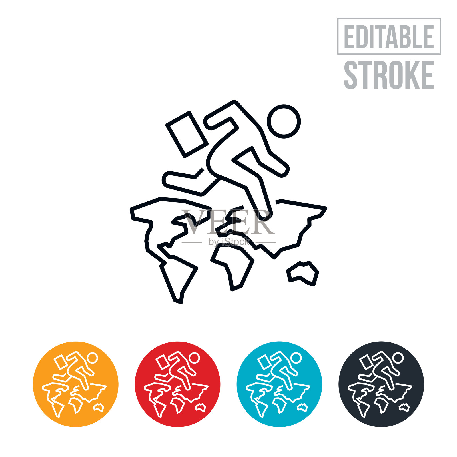 商人与公文包从一个大陆跳到另一个做全球业务细线图标-可编辑的笔画插画图片素材