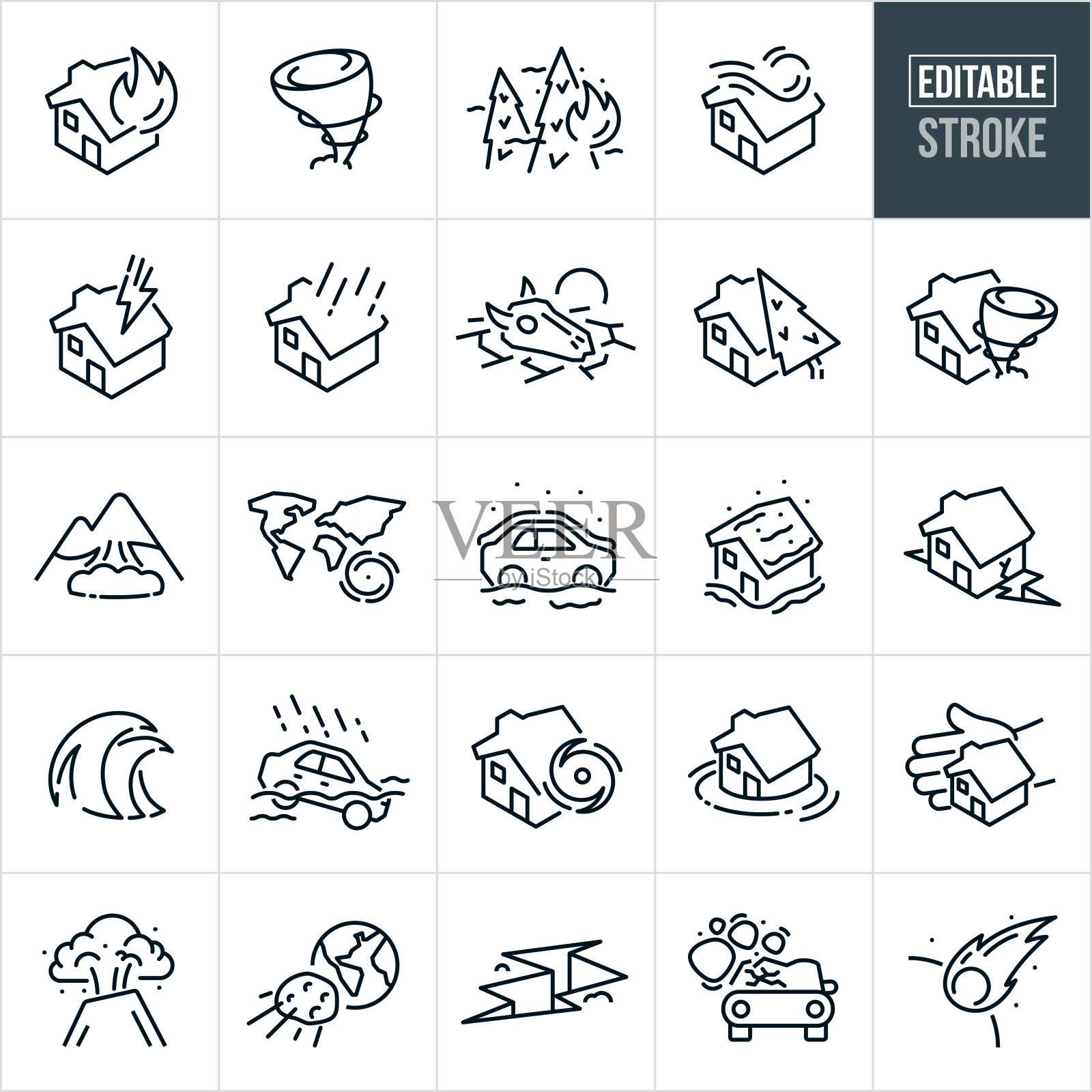 自然灾害细线图标-可编辑的笔画-图标包括事故和灾害，野火，龙卷风，破坏，房子，风暴，洪水，雪崩，飓风，暴风雪，地震，海啸，火山，流星，岩石滑坡插画图片素材