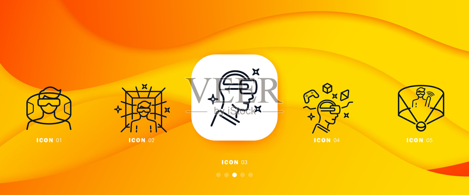 虚拟现实设置图标。3d眼镜，增强现实图形的青少年玩家戴着VR头戴式游戏。UI手机应用屏幕。矢量线图标的业务和广告插画图片素材