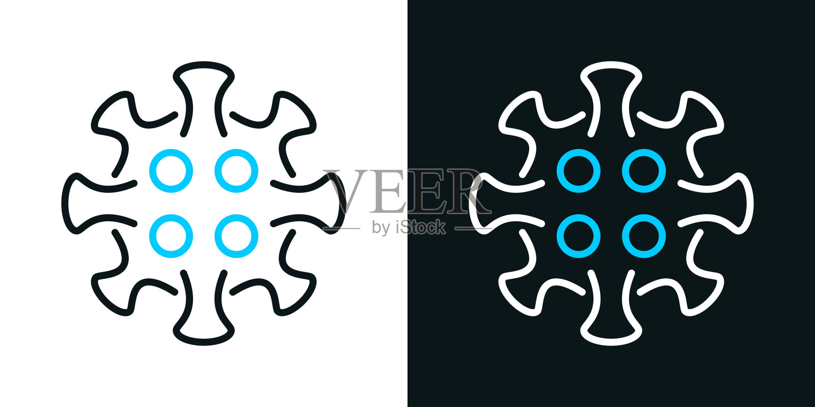 冠状病毒细胞(COVID-19)。黑色或白色背景上的双色线图标-可编辑的笔画插画图片素材