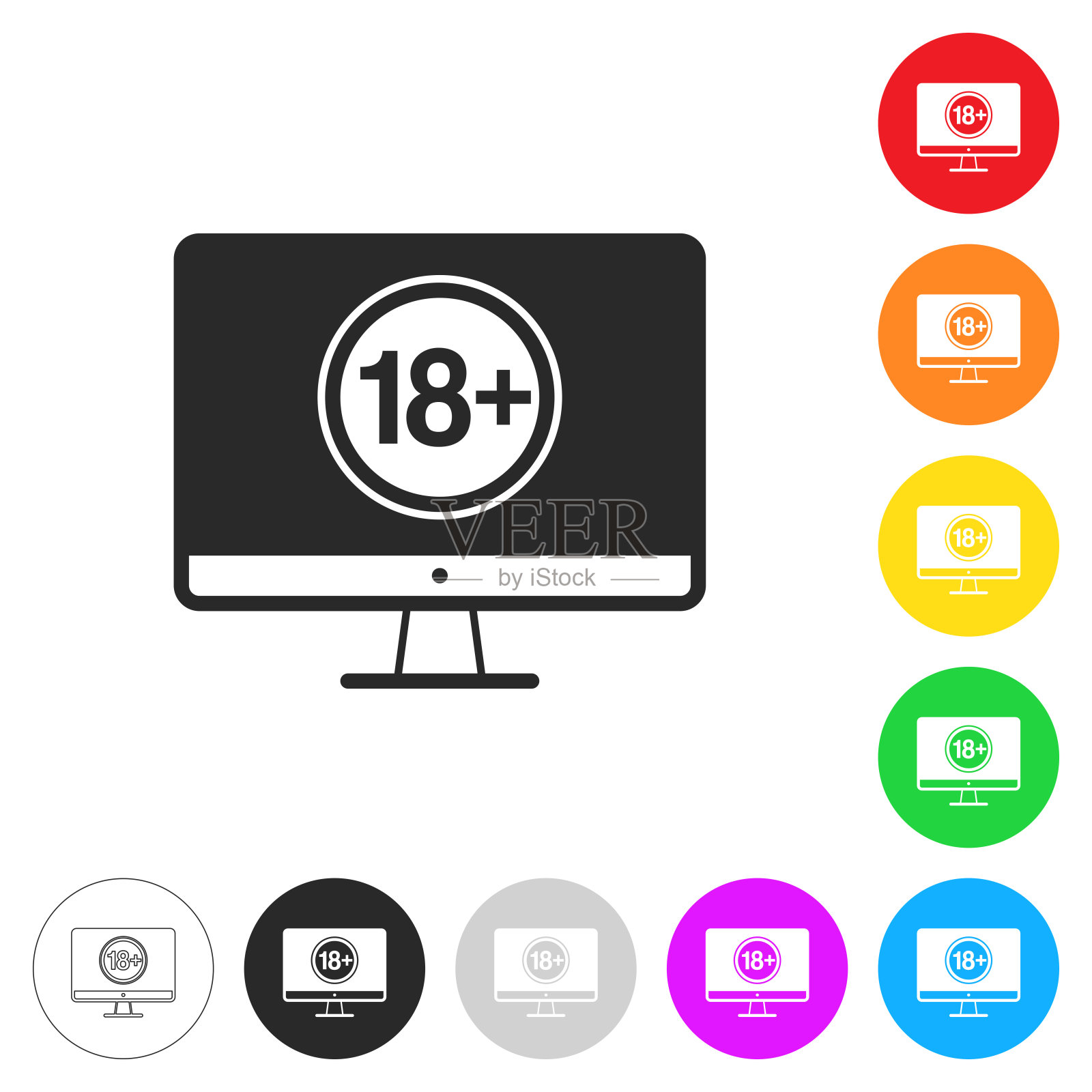 带18+号的台式电脑。彩色按钮上的图标插画图片素材