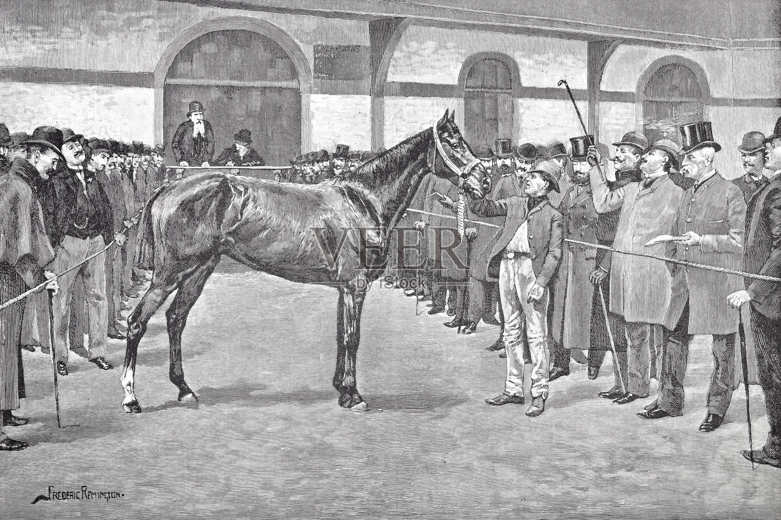 纽约市，美国马交易所，拍卖出售纯种马，1889年插画图片素材