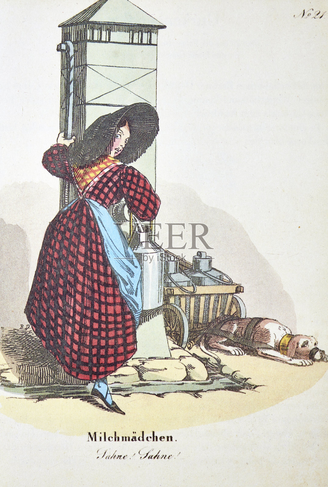 挤奶女工在自动售货机上用水稀释牛奶插画图片素材