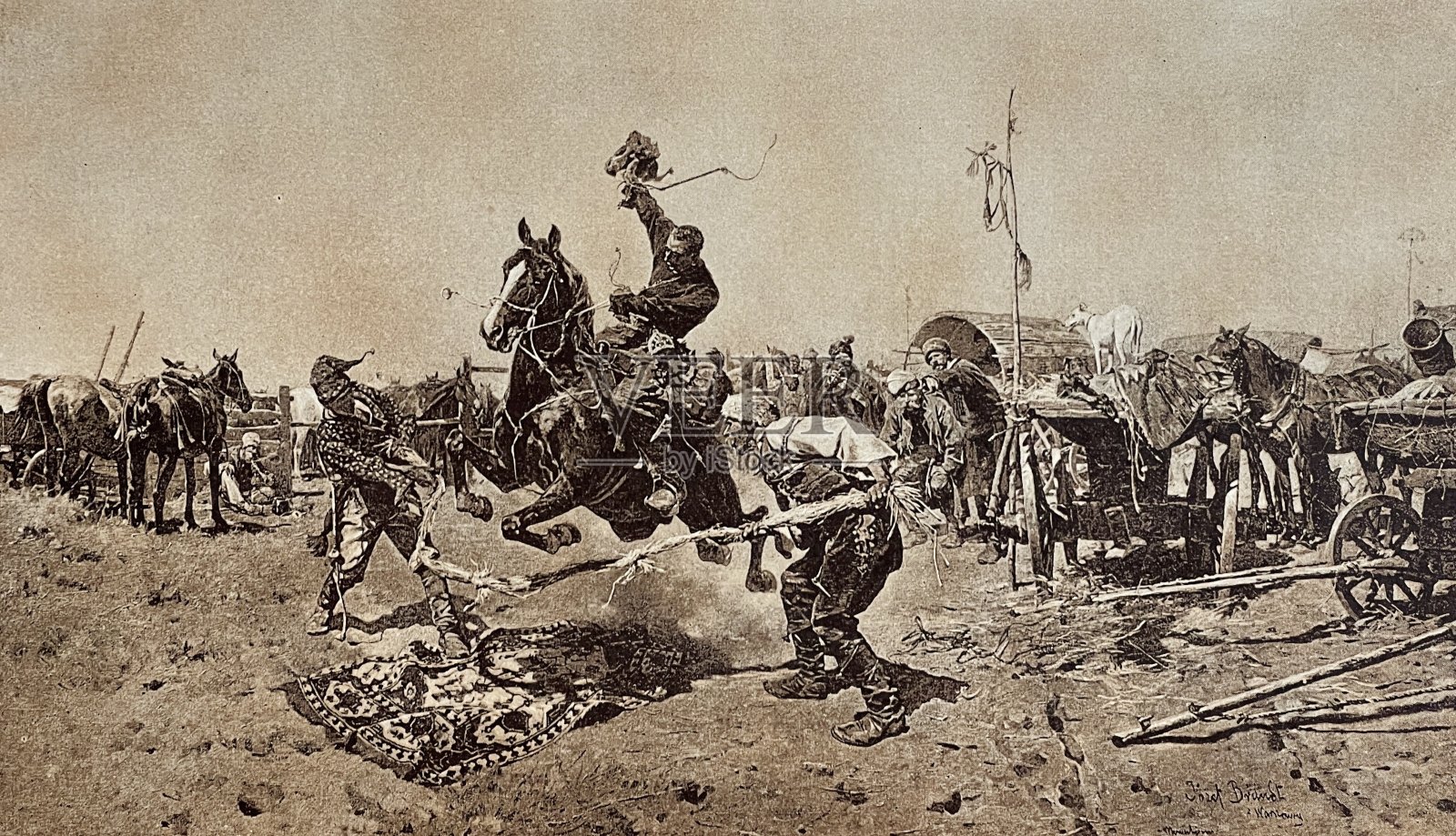 波兰马市，户外，男人骑在障碍物上插画图片素材