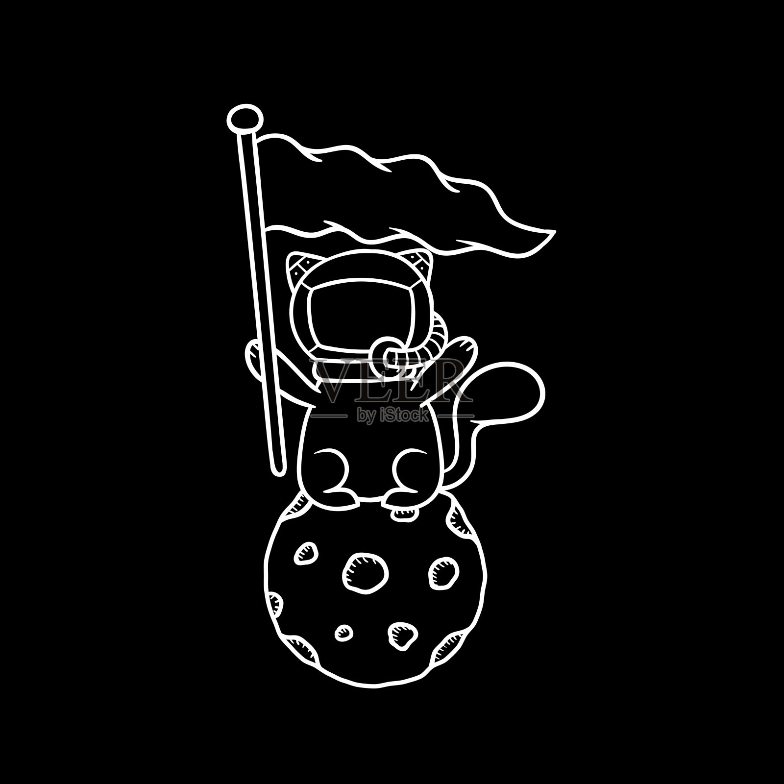 宇航员猫与旗帜和月亮插图设计插画图片素材