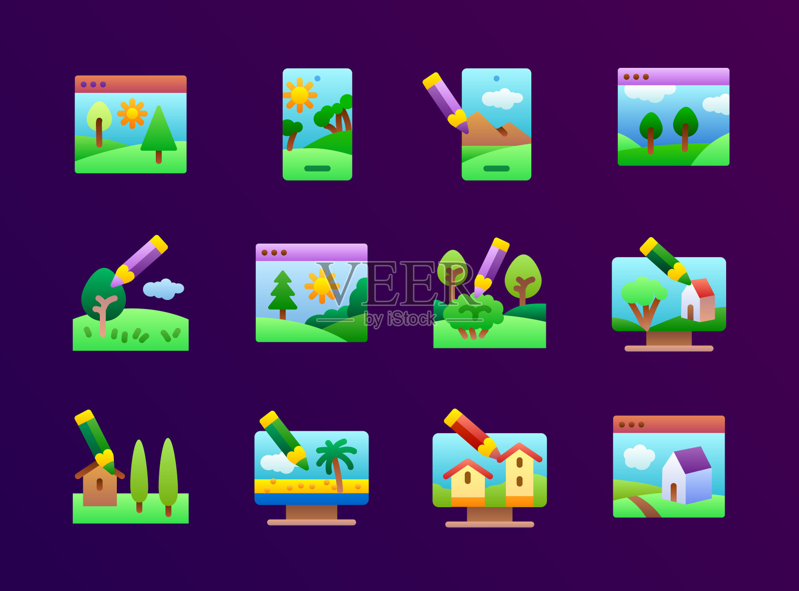 在3D平面渐变图标集中创建环境和位置插画图片素材