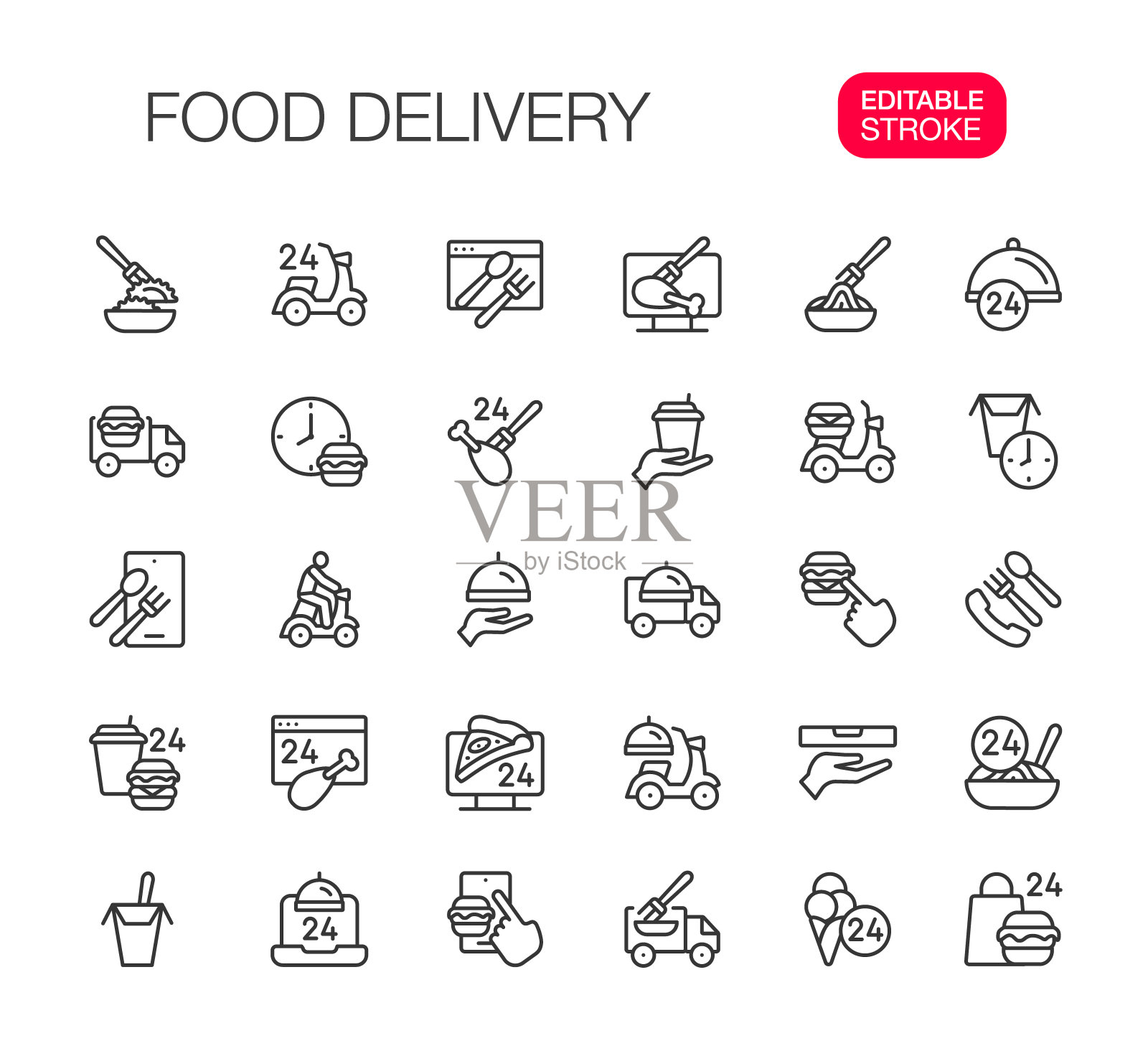 送餐线图标集，可编辑的笔画插画图片素材