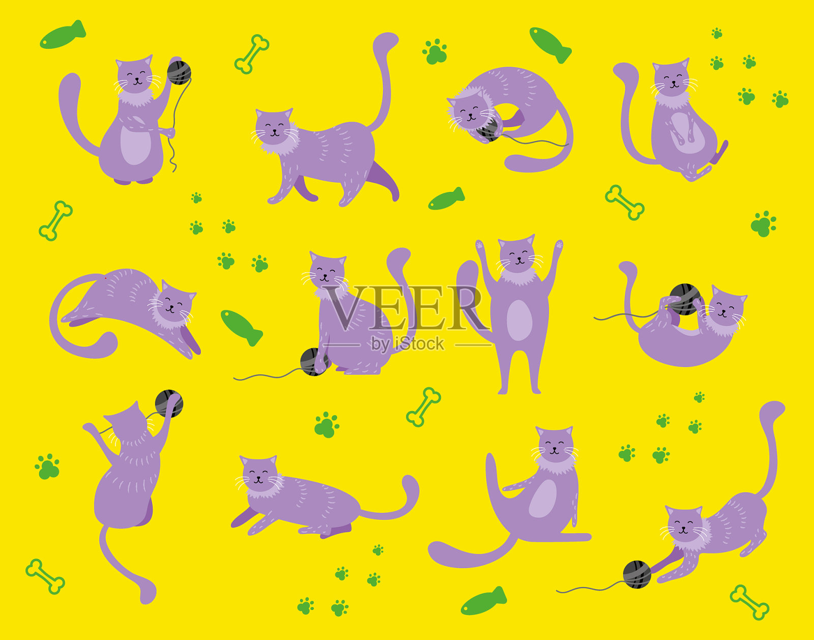 黄背景上的紫猫插画图片素材