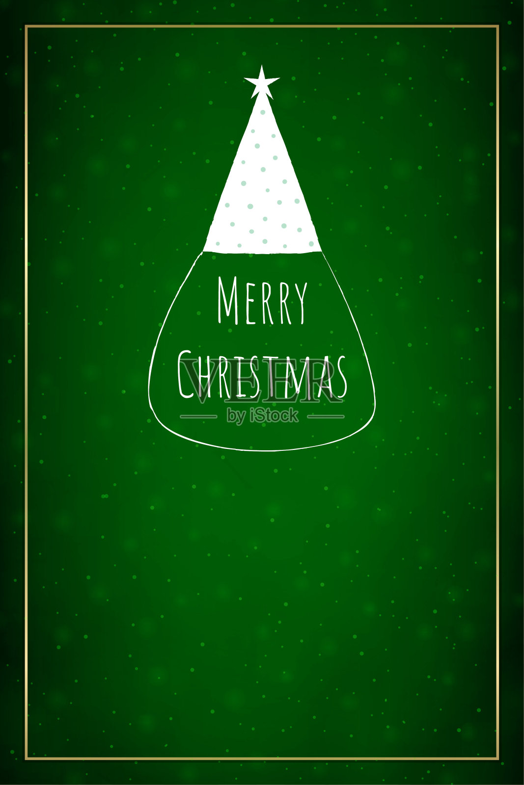 白色三角形形状的树顶部有一颗星星，在充满活力的墨玉绿色垂直圣诞节日金色镶边矢量背景文字圣诞快乐，树像抽象的帽子或帽子与球球插画图片素材