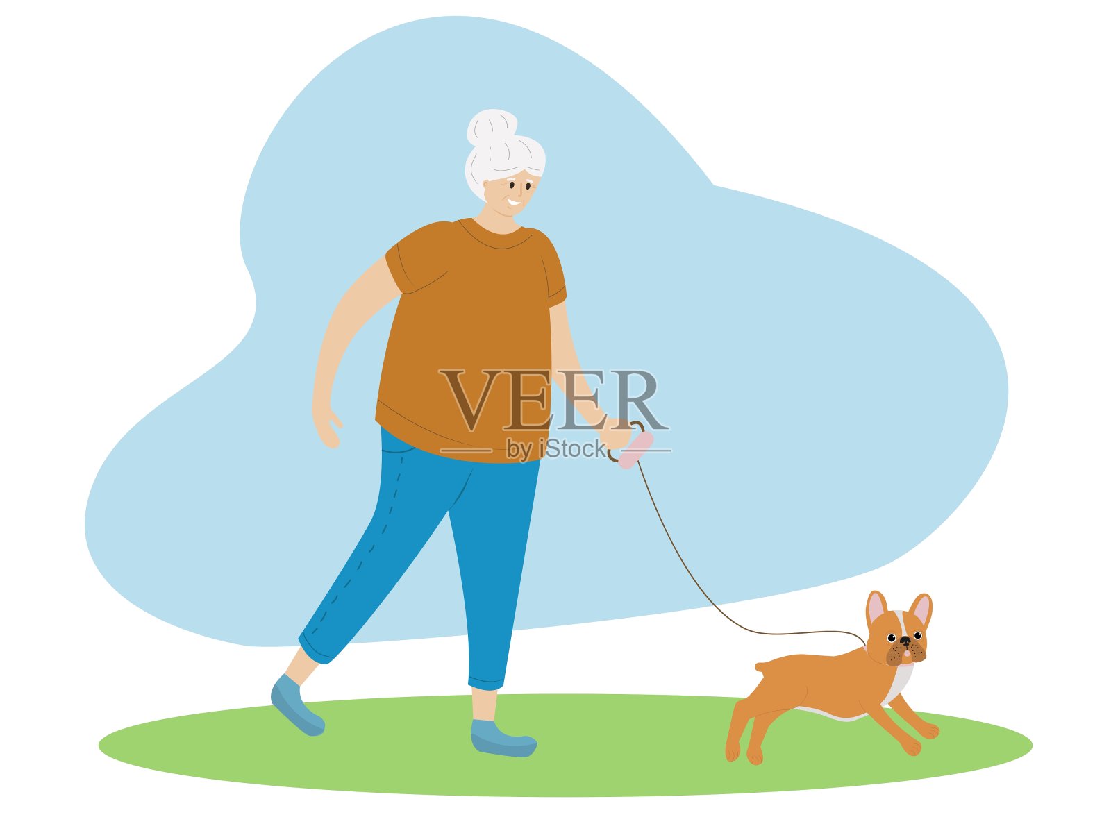 老妇人牵着法国斗牛犬散步插画图片素材