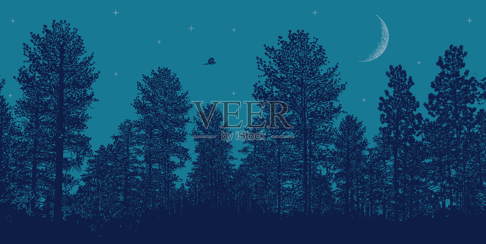 夜空松树，月亮和星星插画图片素材