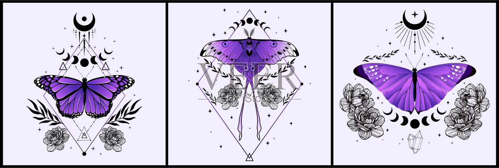 秘传墙艺术向量集。用抽象的形状和蝴蝶画叶线的艺术画。插画图片素材