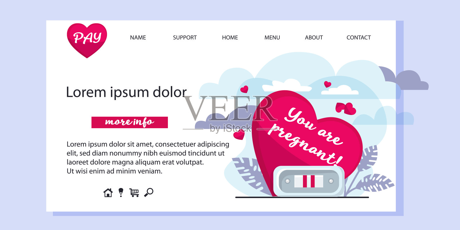 网页，怀孕计划模板在平面风格。怀孕测试呈阳性的心形图案，背景颜色抽象，留有文字空间。插画图片素材