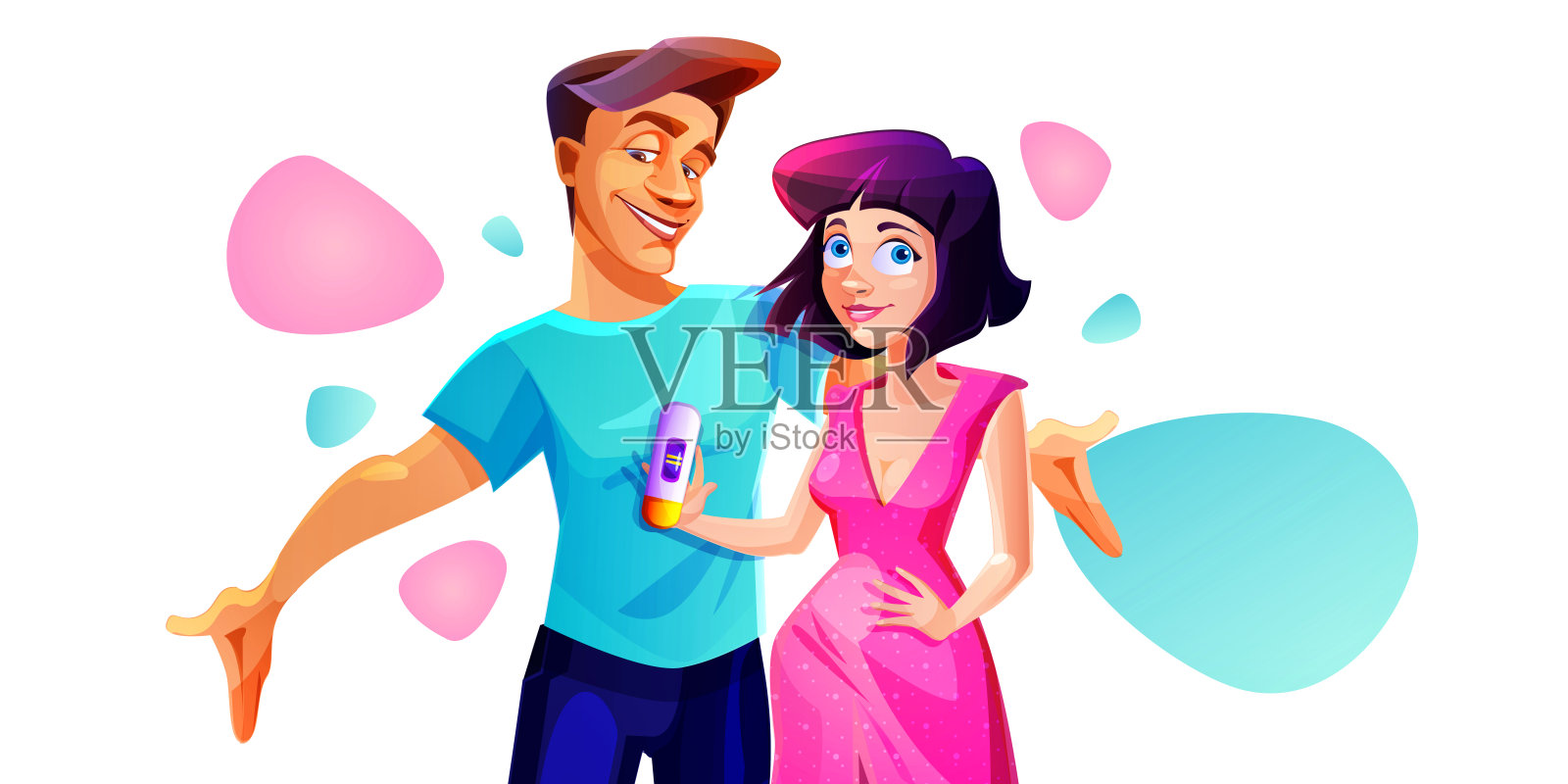 卡通风格的怀孕计划概念。一对已婚夫妇在抽象的白色背景上接受怀孕测试呈阳性的祝贺。插画图片素材