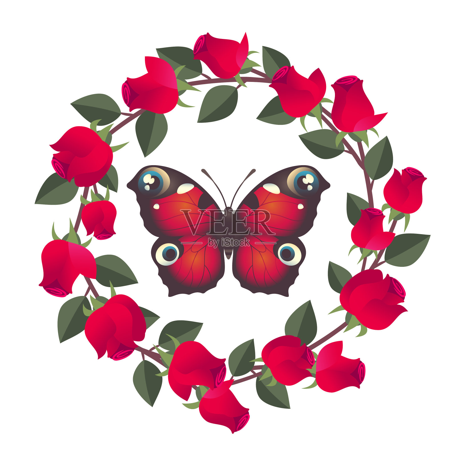 蝴蝶和玫瑰插画图片素材