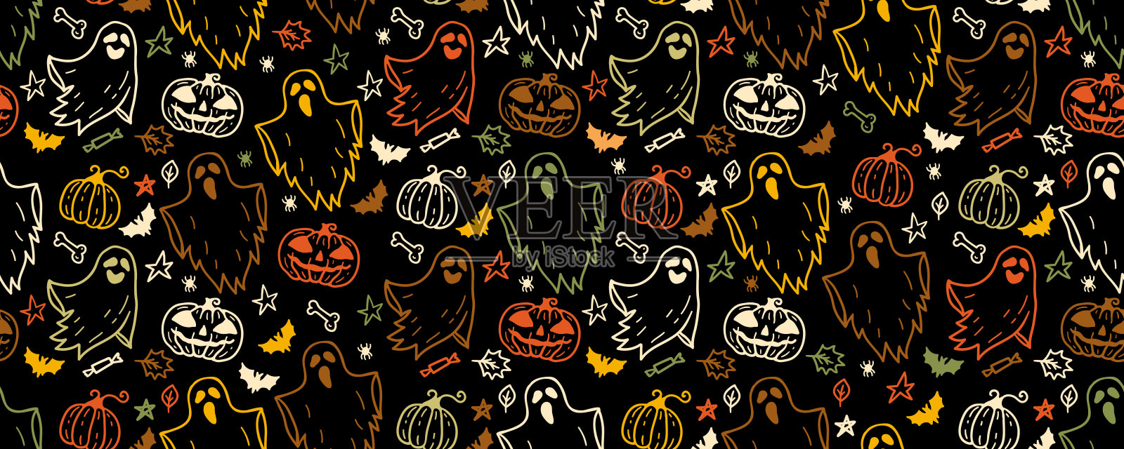 万圣节无缝图案背景与节日符号插画图片素材