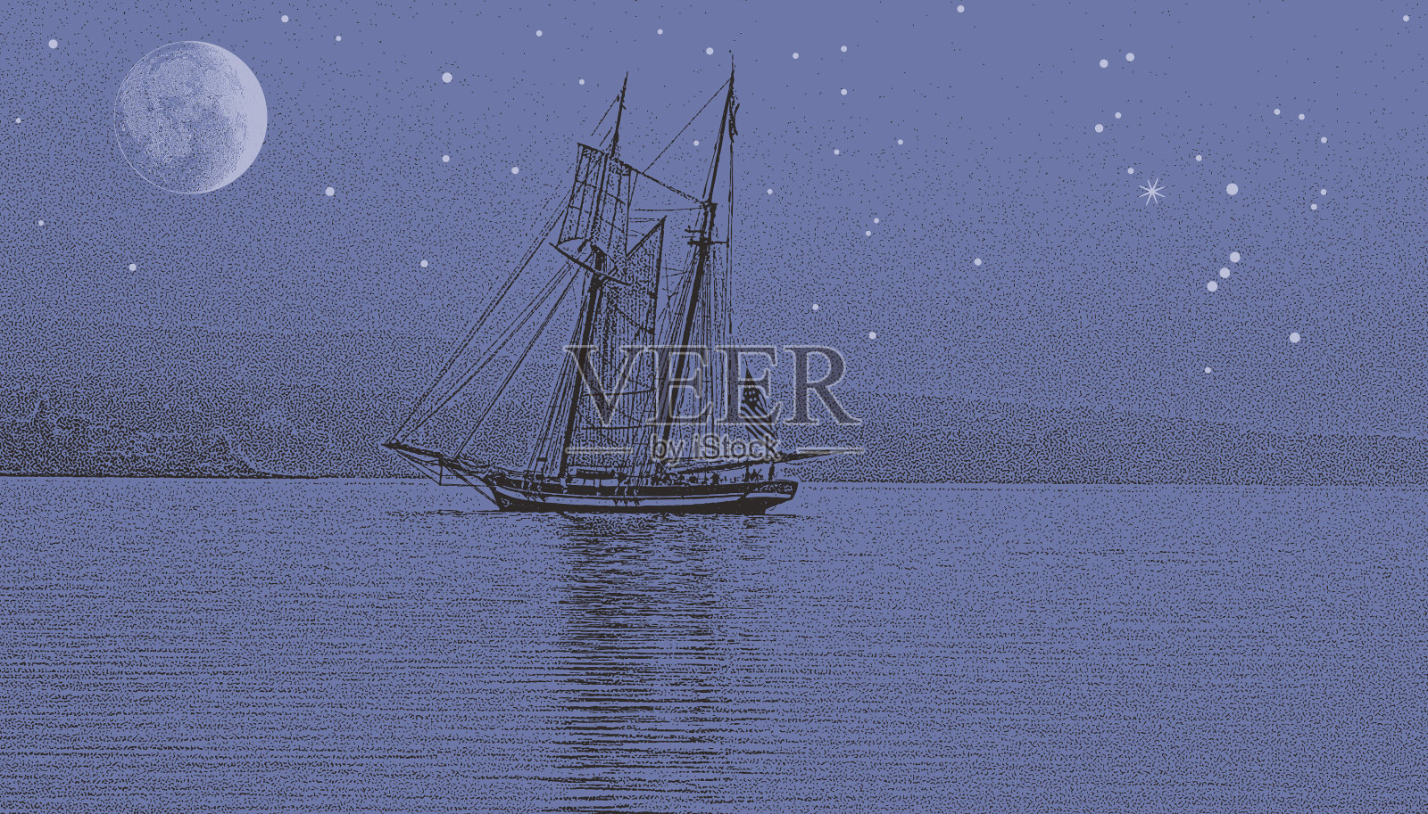 夜晚有星星和月亮的船插画图片素材