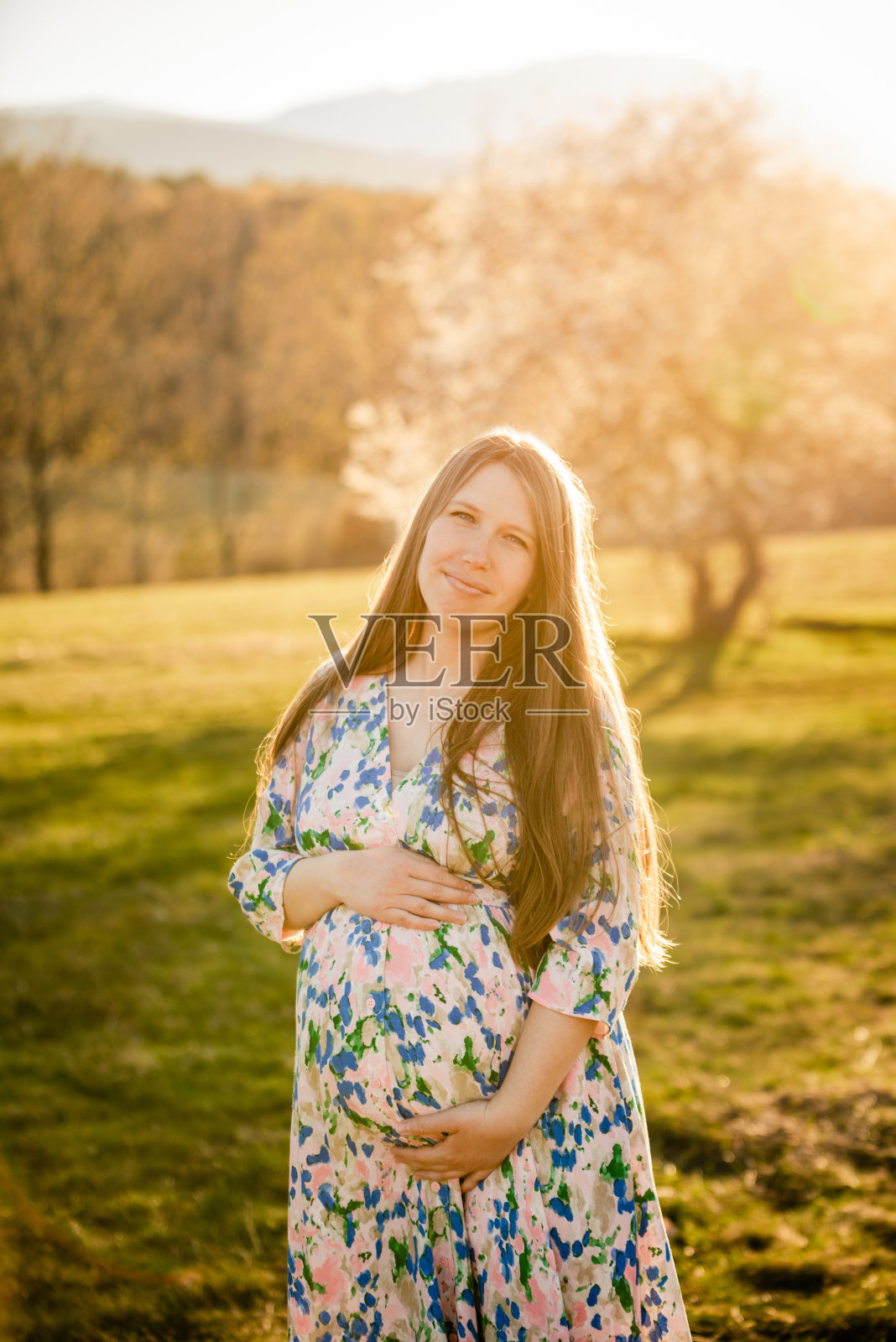 自然中年轻的金发孕妇照片摄影图片