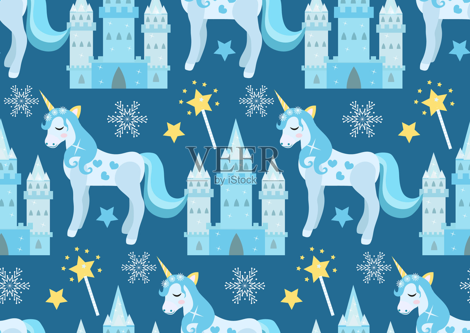 可爱的冬季独角兽公主无缝图案插画图片素材