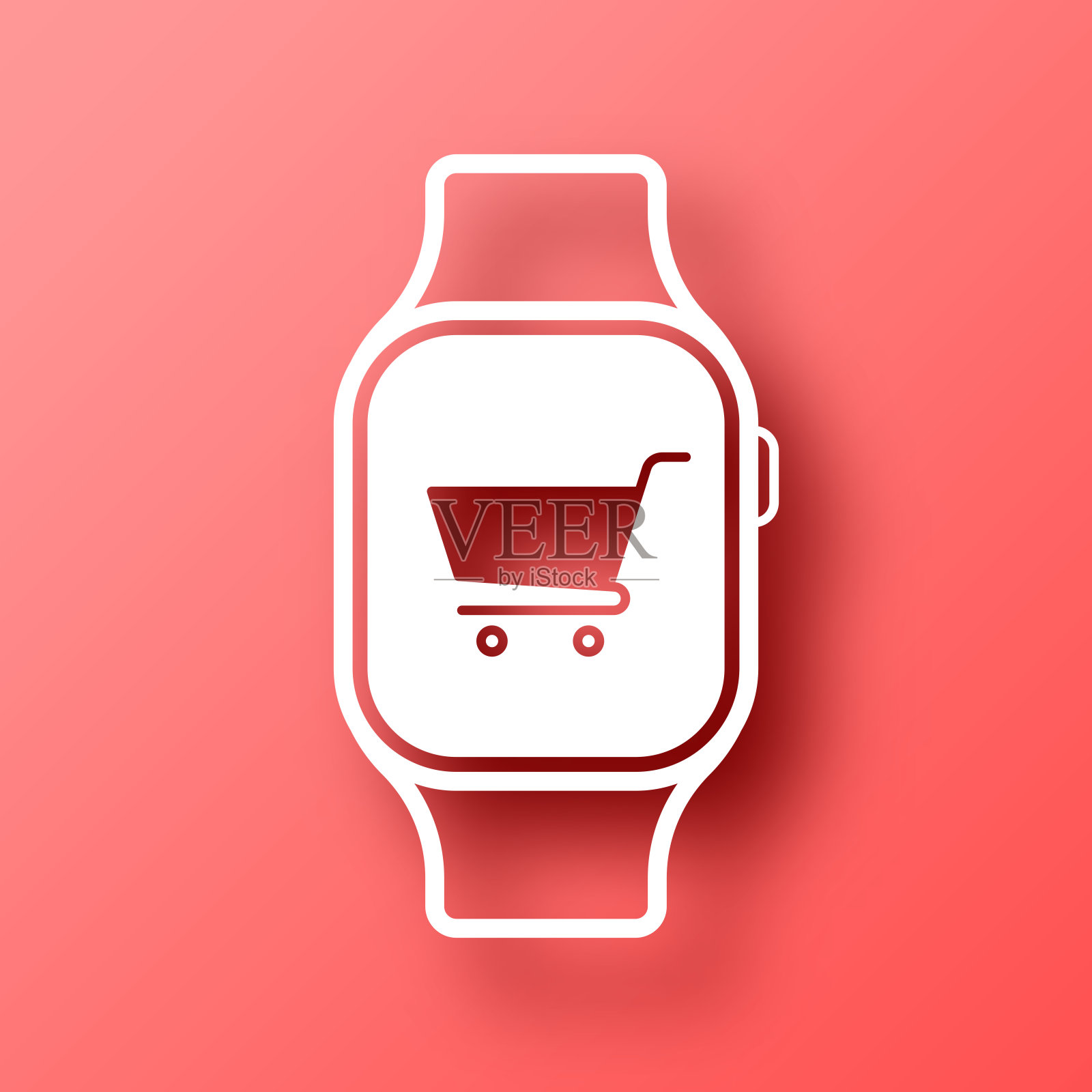 智能手表在线购物。图标在红色背景与阴影插画图片素材