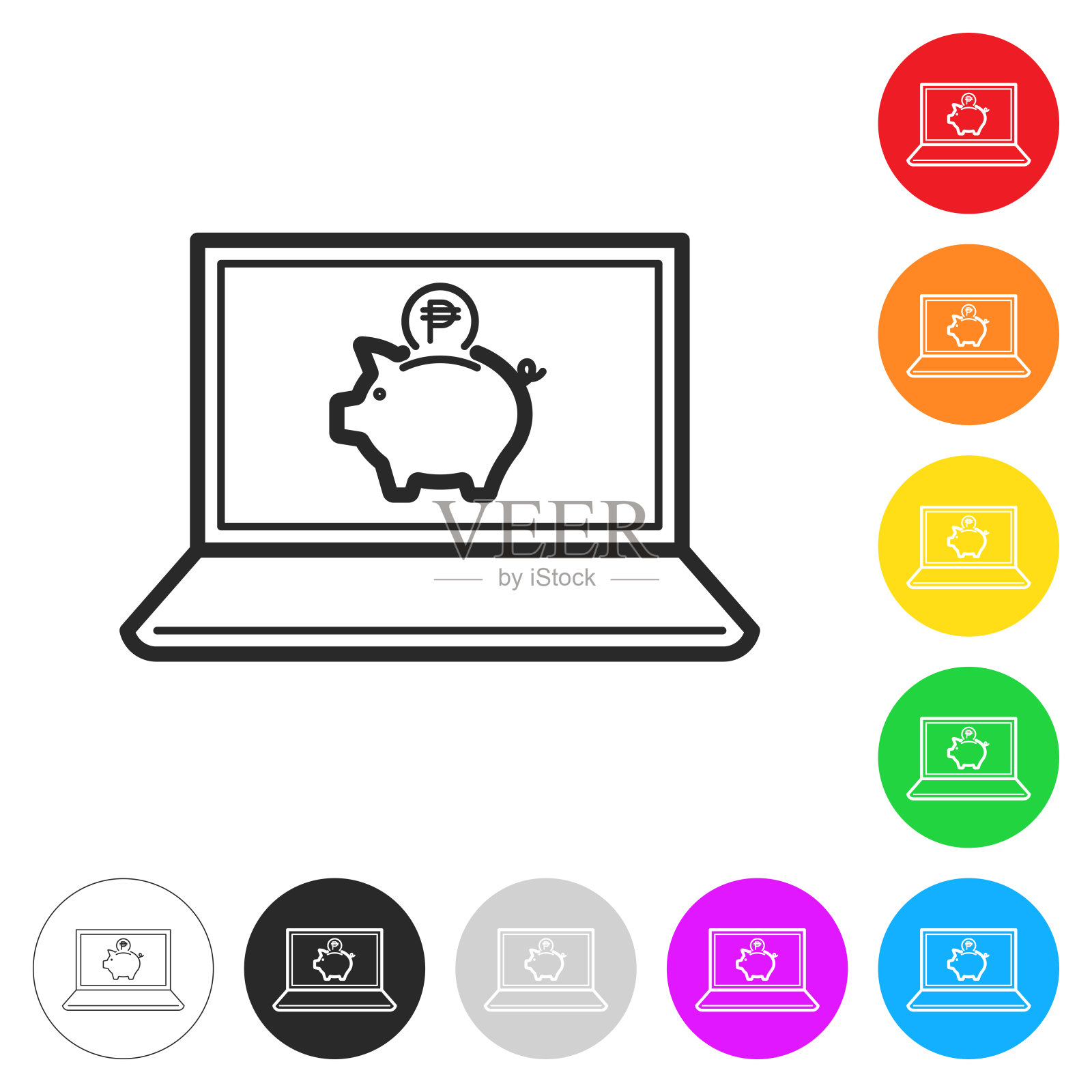 比索储蓄与笔记本电脑。彩色按钮上的图标插画图片素材