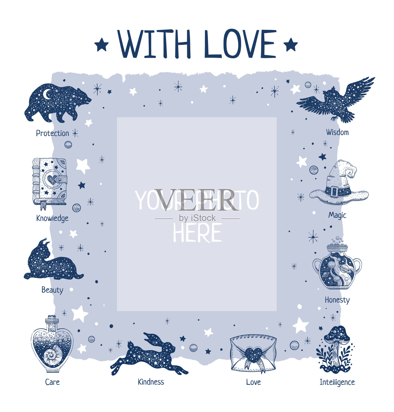 帧的背景。矢量设计相框。生日照片模板。古典专辑卡。剪贴簿边界模式。孩子，宝贝，全家福的神奇拼贴画。抽象复古插画背景插画图片素材