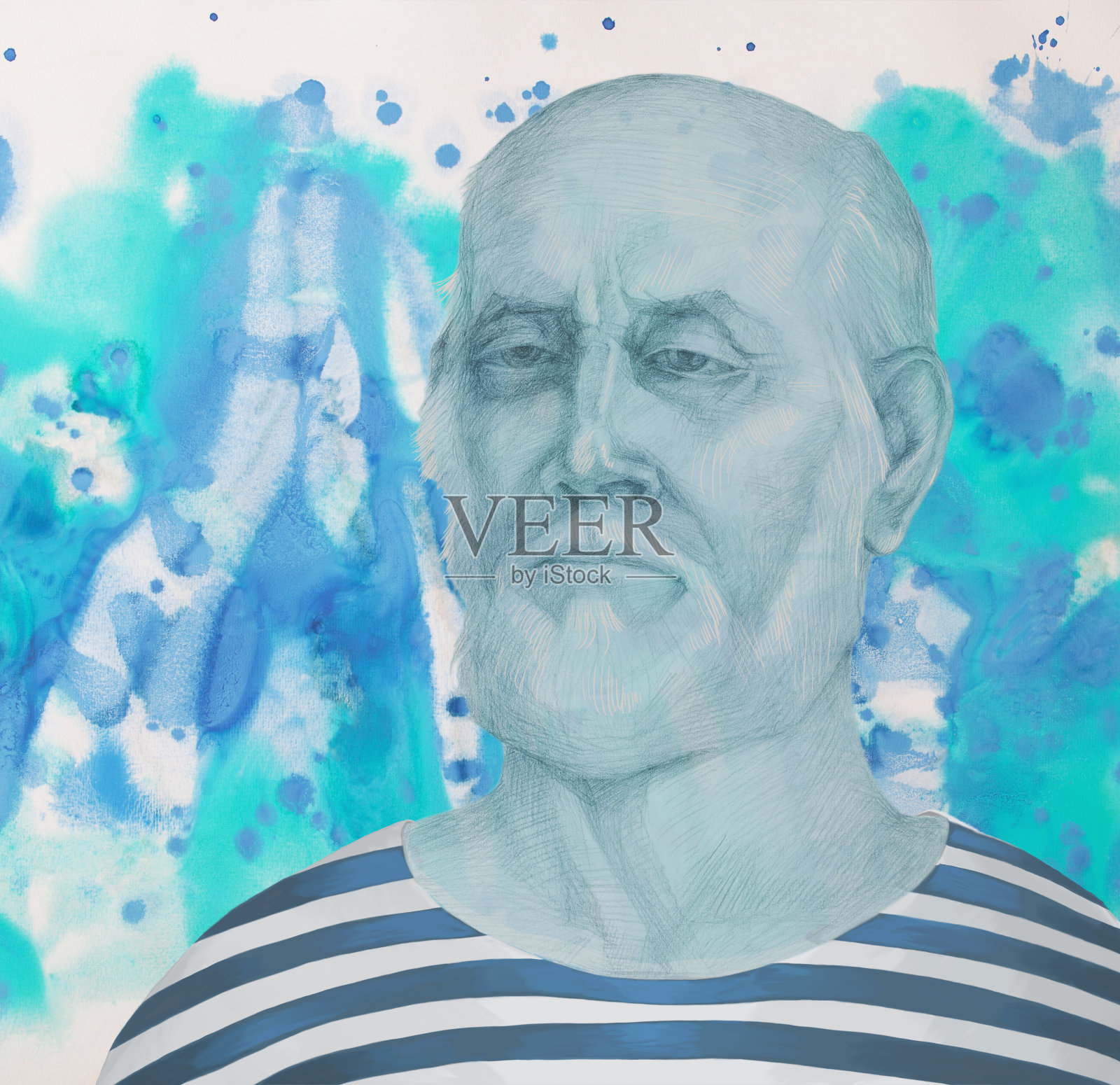 插画画与水彩肖像水手老人在水手服装的水滴和流动的海水在蓝色的阴影背景插画图片素材