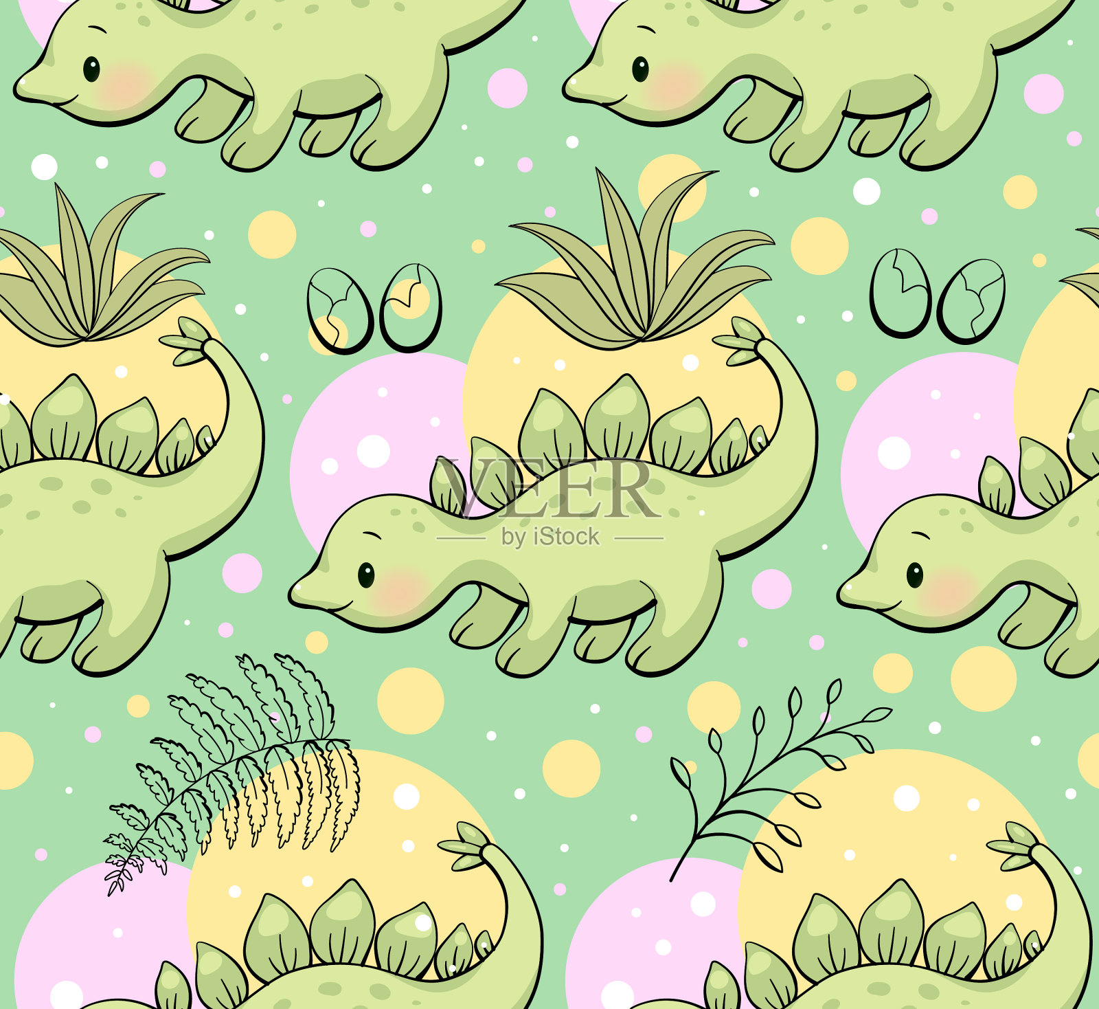 无缝图案与可爱的恐龙剑龙插画图片素材