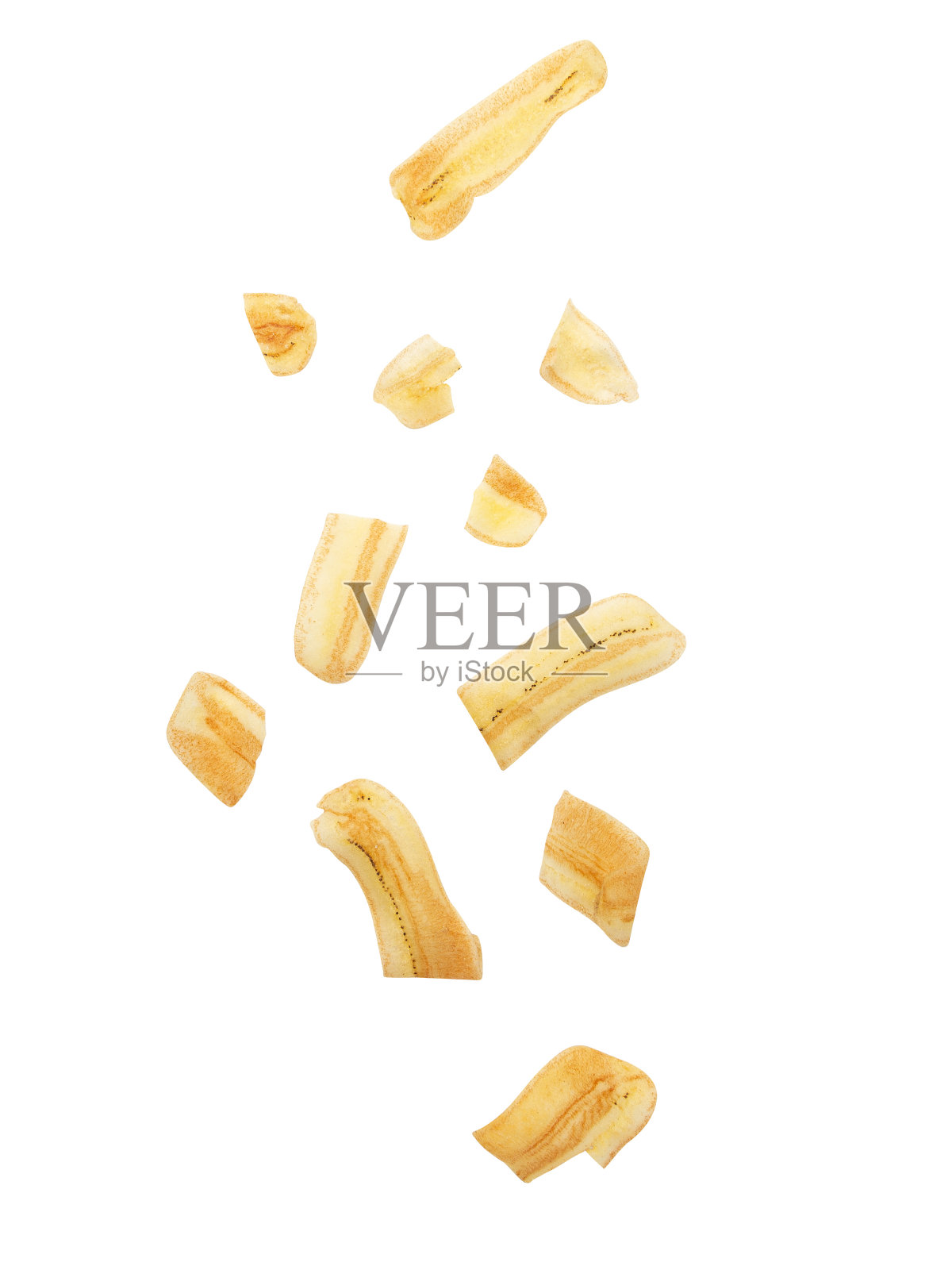 脱落的香蕉片孤立在白色背景与剪切路径照片摄影图片