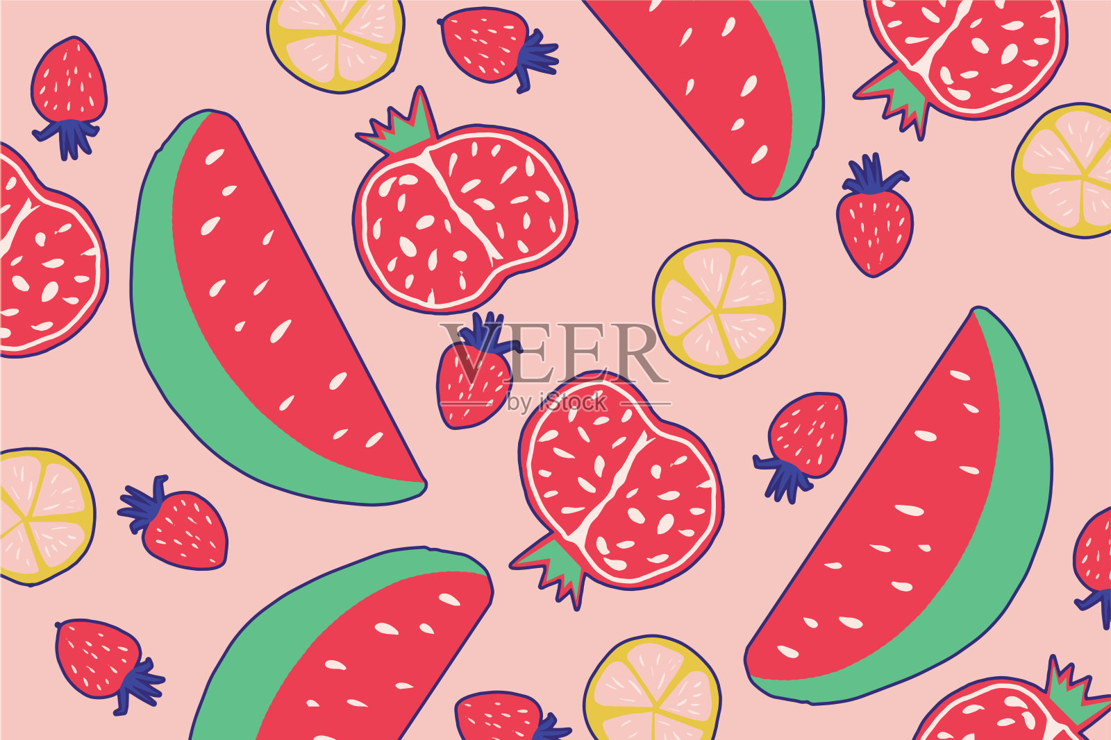 西瓜、石榴、草莓和柠檬插画图片素材
