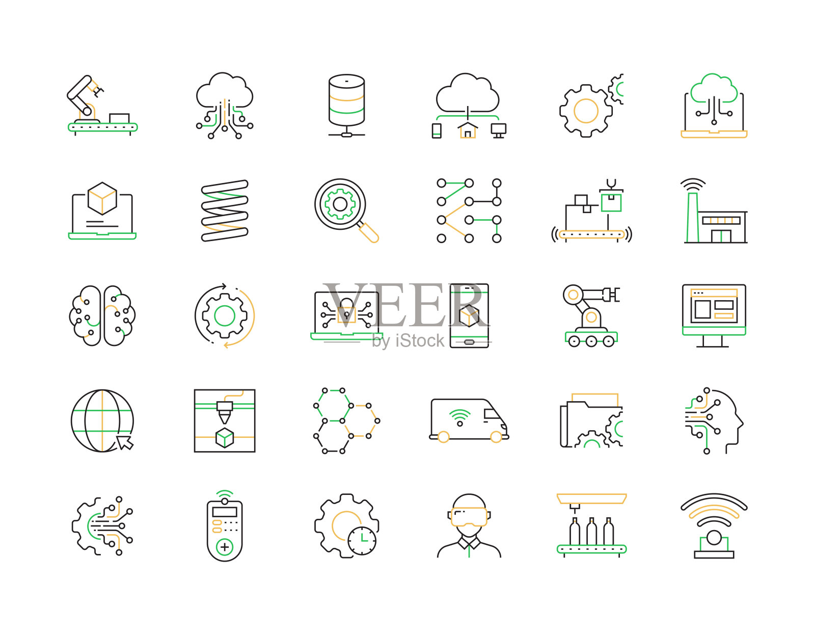 工业4.0相关矢量线性图标，轮廓符号合集插画图片素材