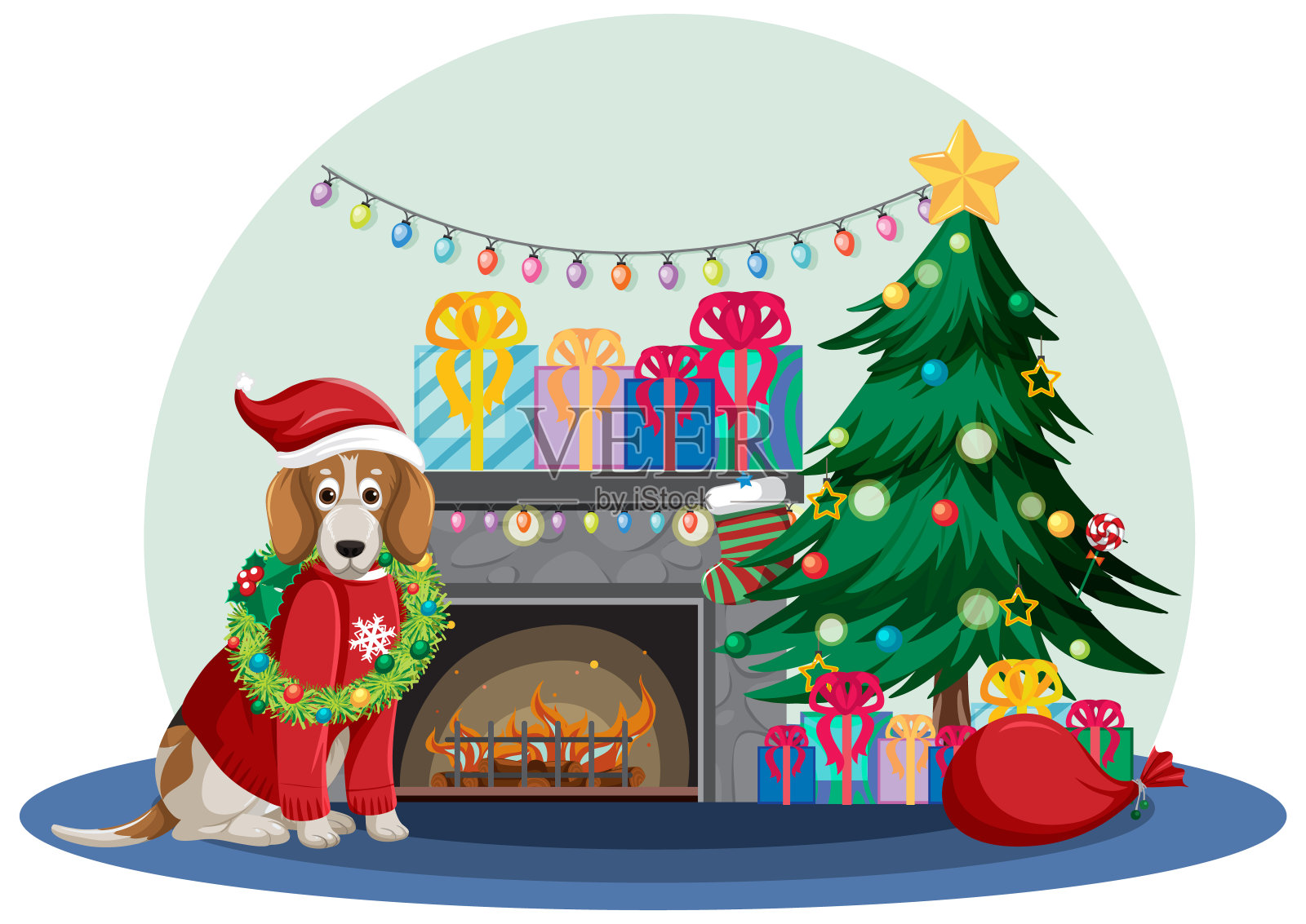 有比格犬的壁炉和圣诞树插画图片素材