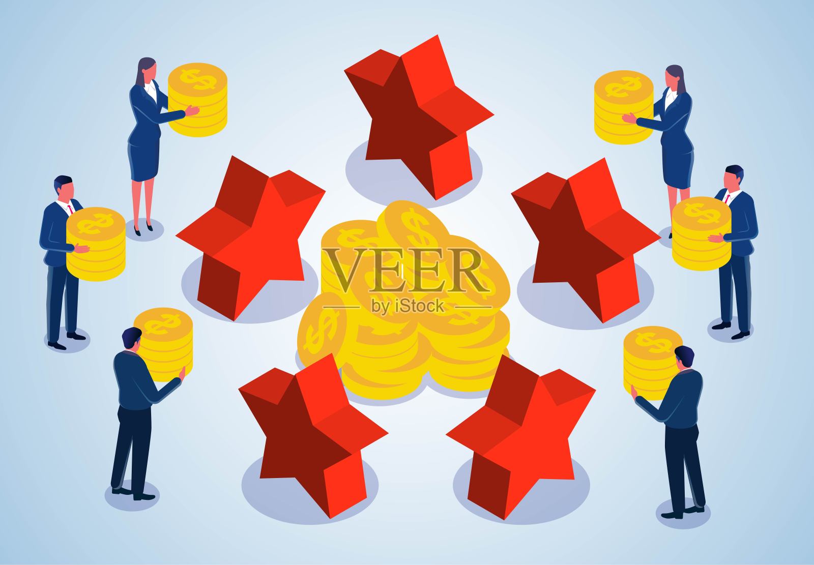 好评五星的投资产品，值得信赖的理财和投资，赚钱或高利润的投资，等距群商人把他们的金币投入成堆的金币包围插画图片素材