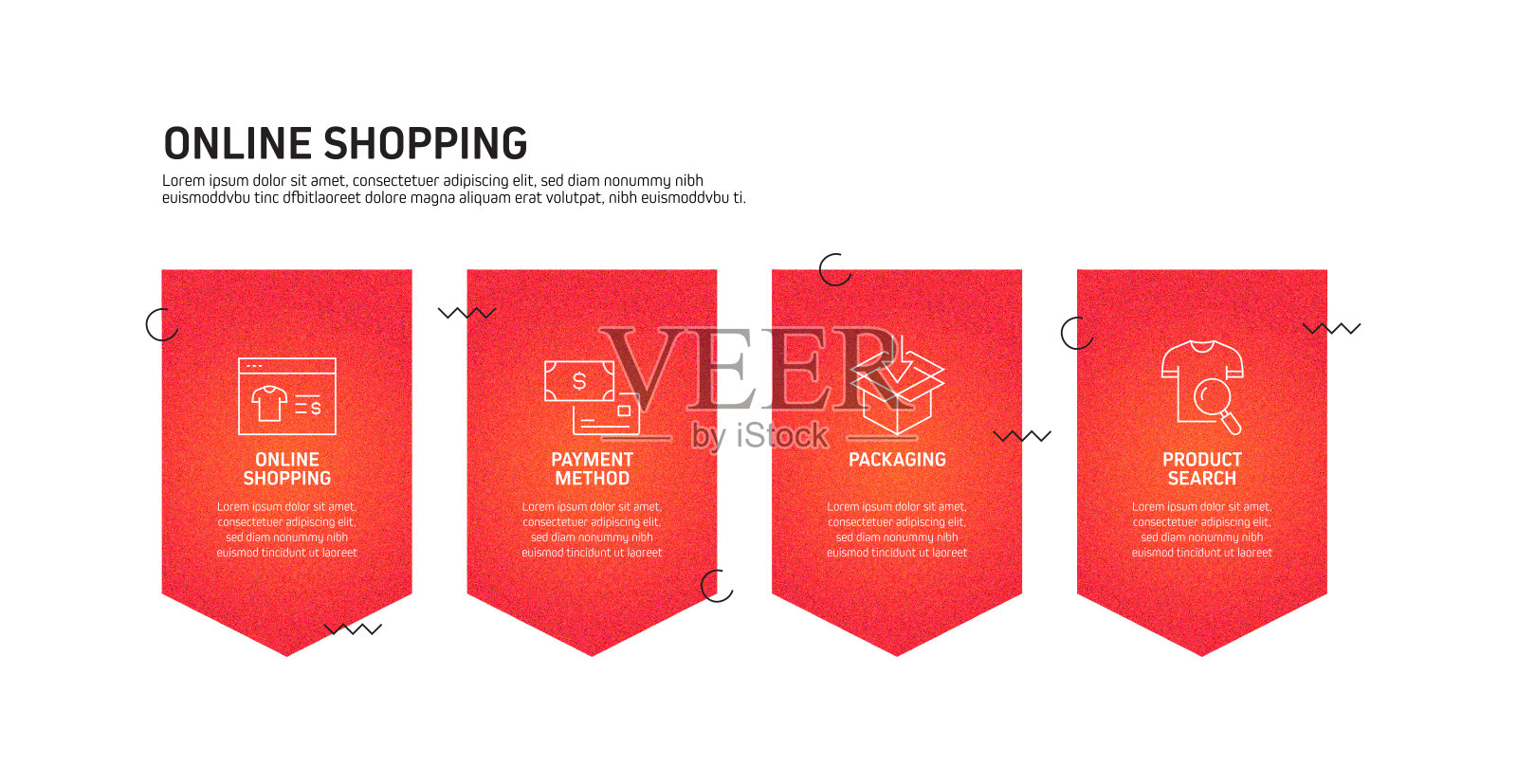 电子商务，网上购物，数字营销相关过程信息图表模板。过程时间图。使用线性图标的工作流布局插画图片素材