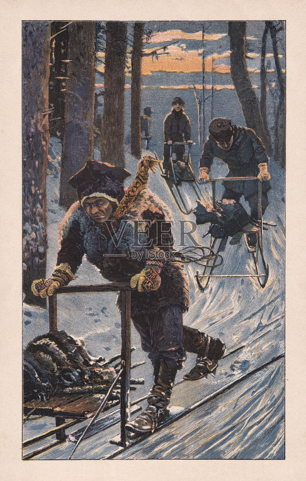 瑞典农民用踢脚雪橇，彩色木刻，1895年出版插画图片素材