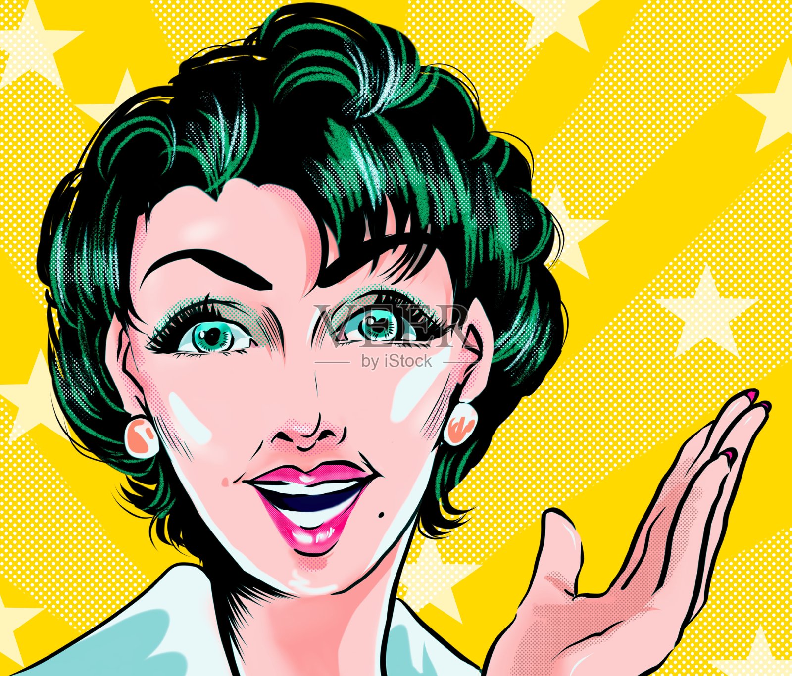 60年代的复古美国漫画蓝头发美丽成熟的女人指点和夸张的广告插图插画图片素材