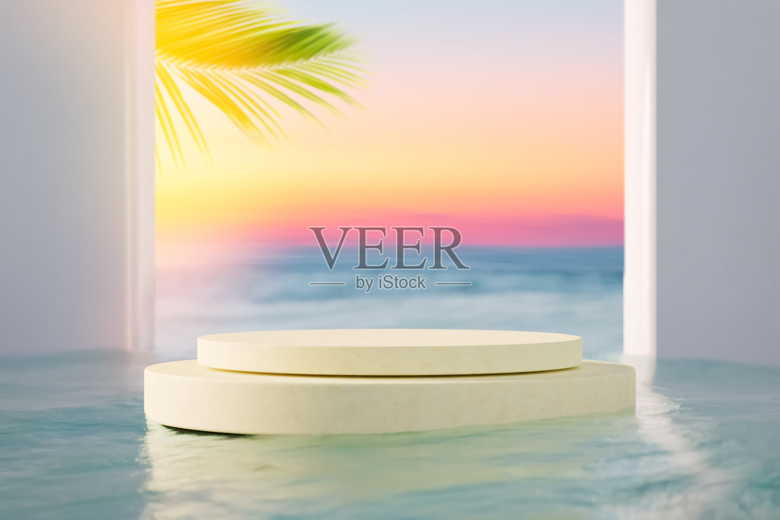 在棕榈滩和日落天空的抽象背景下，带有复制空间的3d讲台用于产品展示。热带夏季和度假概念。平面艺术设计。照片摄影图片