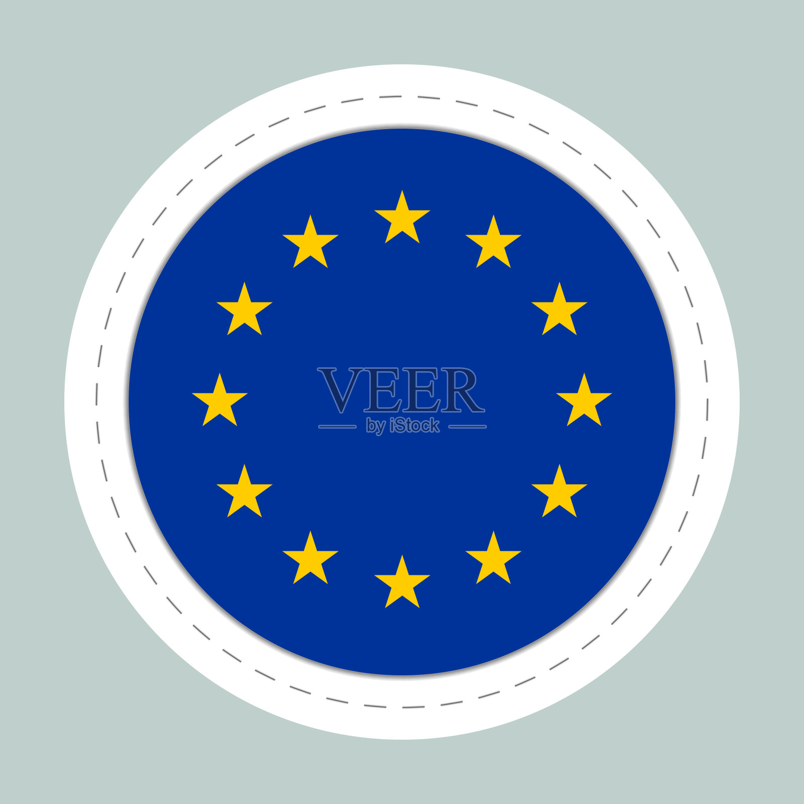 印有欧盟旗帜的贴纸球。圆形球体，模板图标。欧盟国家的象征。光滑的现实球，三维抽象矢量插图。大泡沫图标素材