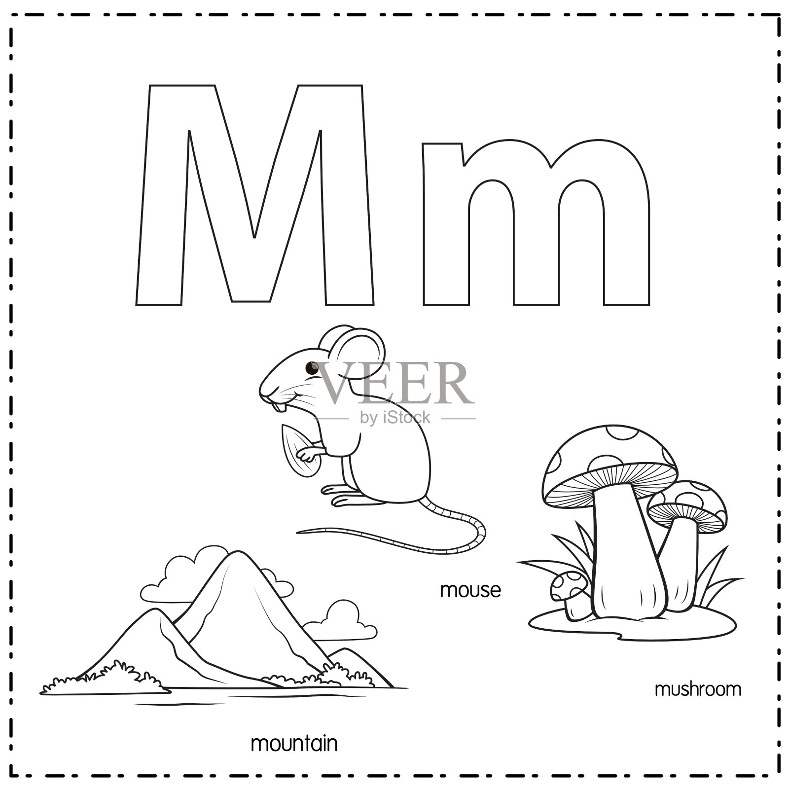 向量插图学习字母M的小写和大写的儿童与3卡通图像。山老鼠蘑菇。插画图片素材