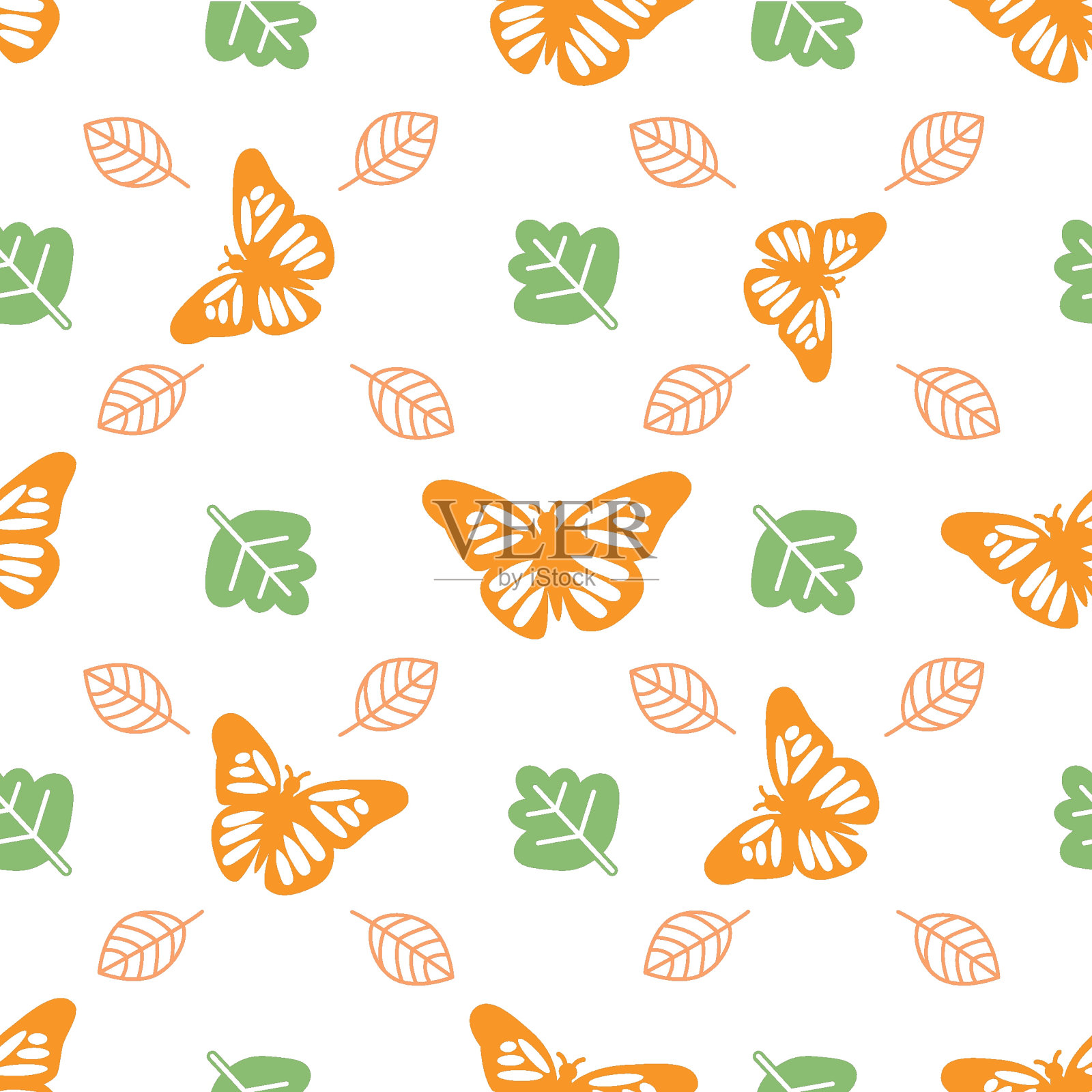 无缝模式与蝴蝶和树叶在白色背景。设计墙纸，面料，海报，包装，卡片。生态的概念。插画图片素材