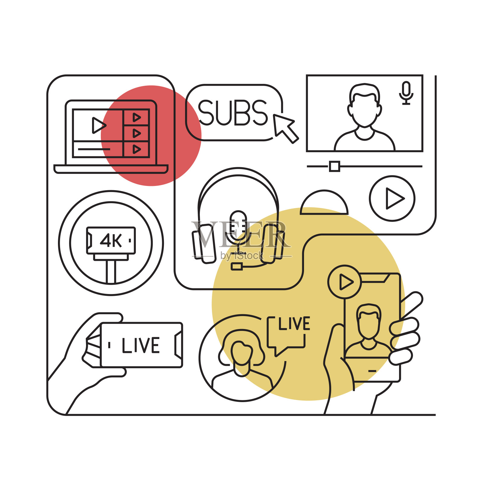 视频内容和VLOG相关矢量横幅设计概念，现代线条风格与图标插画图片素材