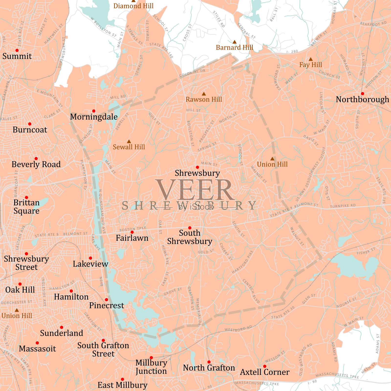 MA Worcester Shrewsbury矢量路线图插画图片素材