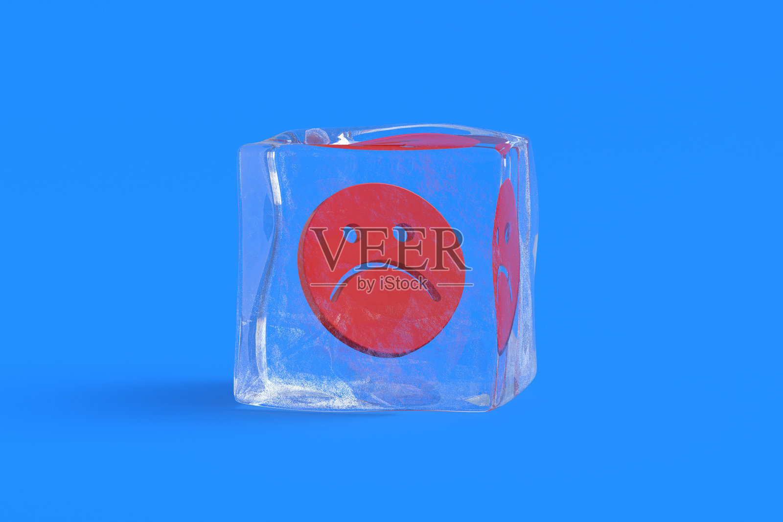 冰块里的悲伤笑脸。三维演示照片摄影图片