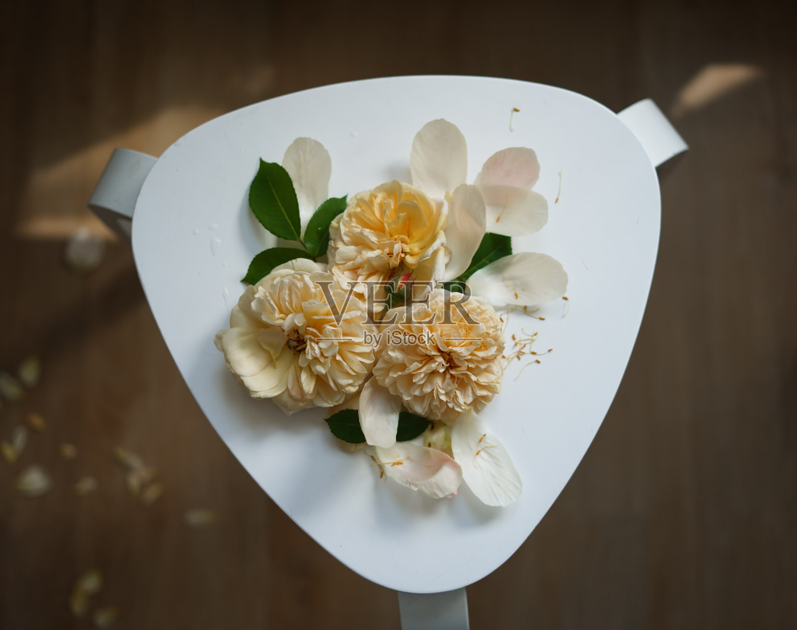 许多美丽新鲜的花园玫瑰，切花在凳子上照片摄影图片