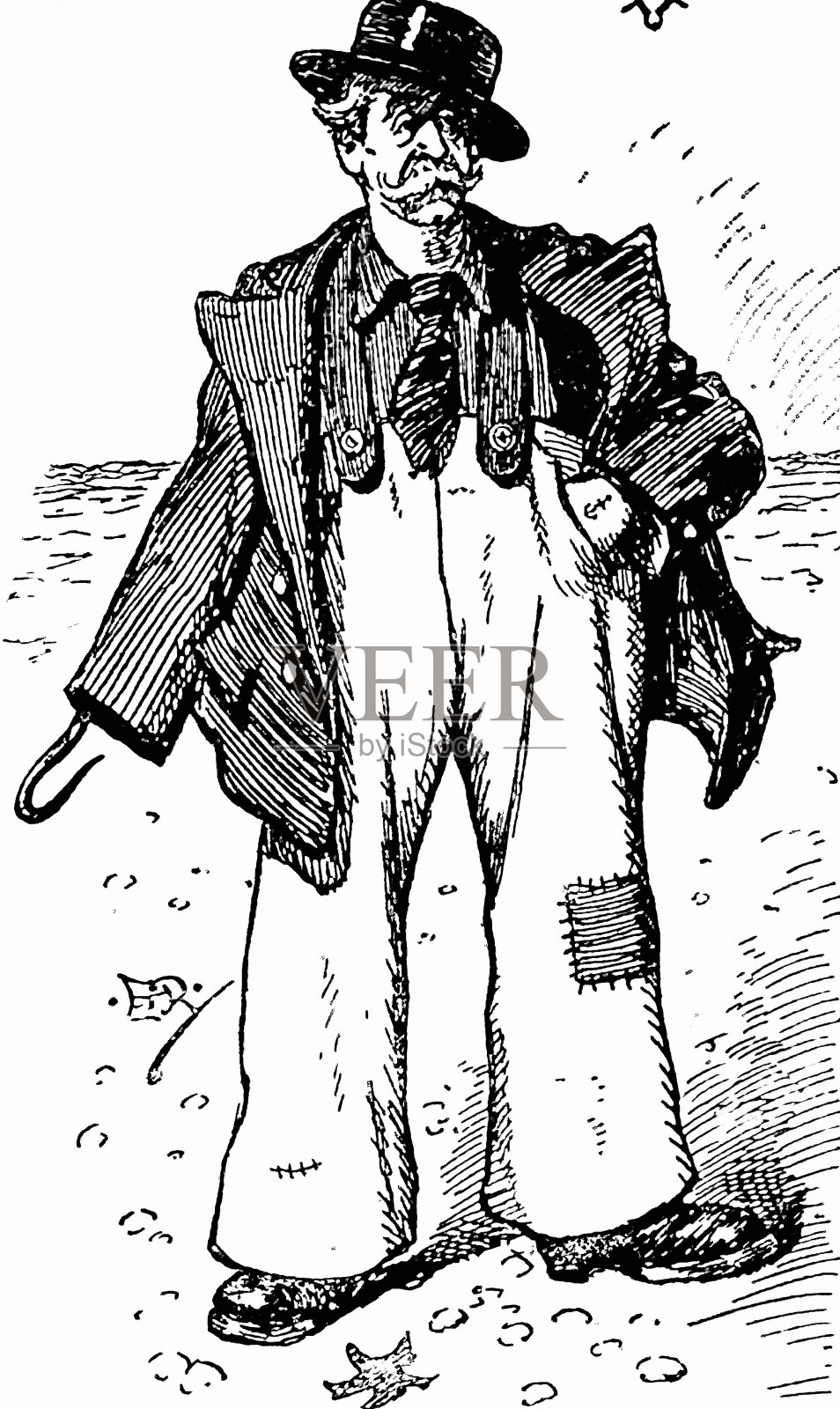 一个忧郁的老人站在海边，一只手拿着钩子，斜戴着帽子，领带，宽松的衣服，打补丁的裤子插画图片素材