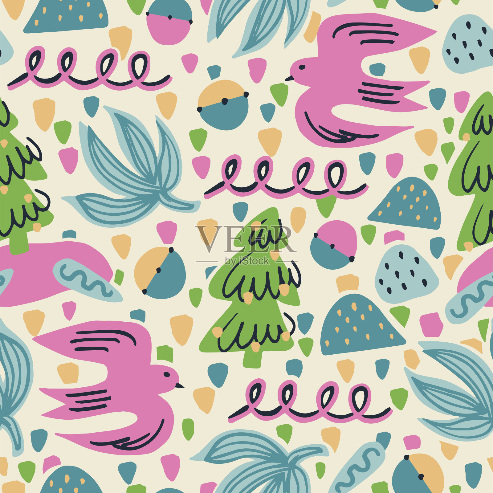 矢量鸟，树和树叶手绘插图图案无缝重复图案时尚和家居装饰印花织物数字艺术品插画图片素材