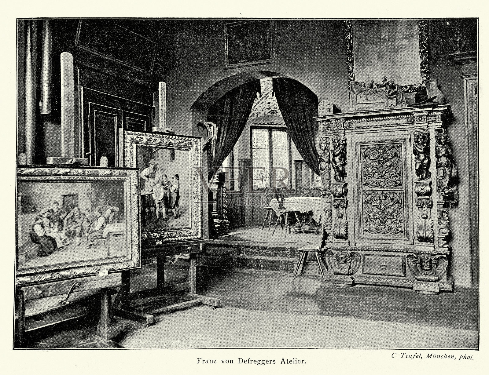 弗朗茨·德弗雷格工作室是一位奥地利艺术家，以在他的家乡蒂罗尔县制作流派艺术和历史绘画而闻名插画图片素材