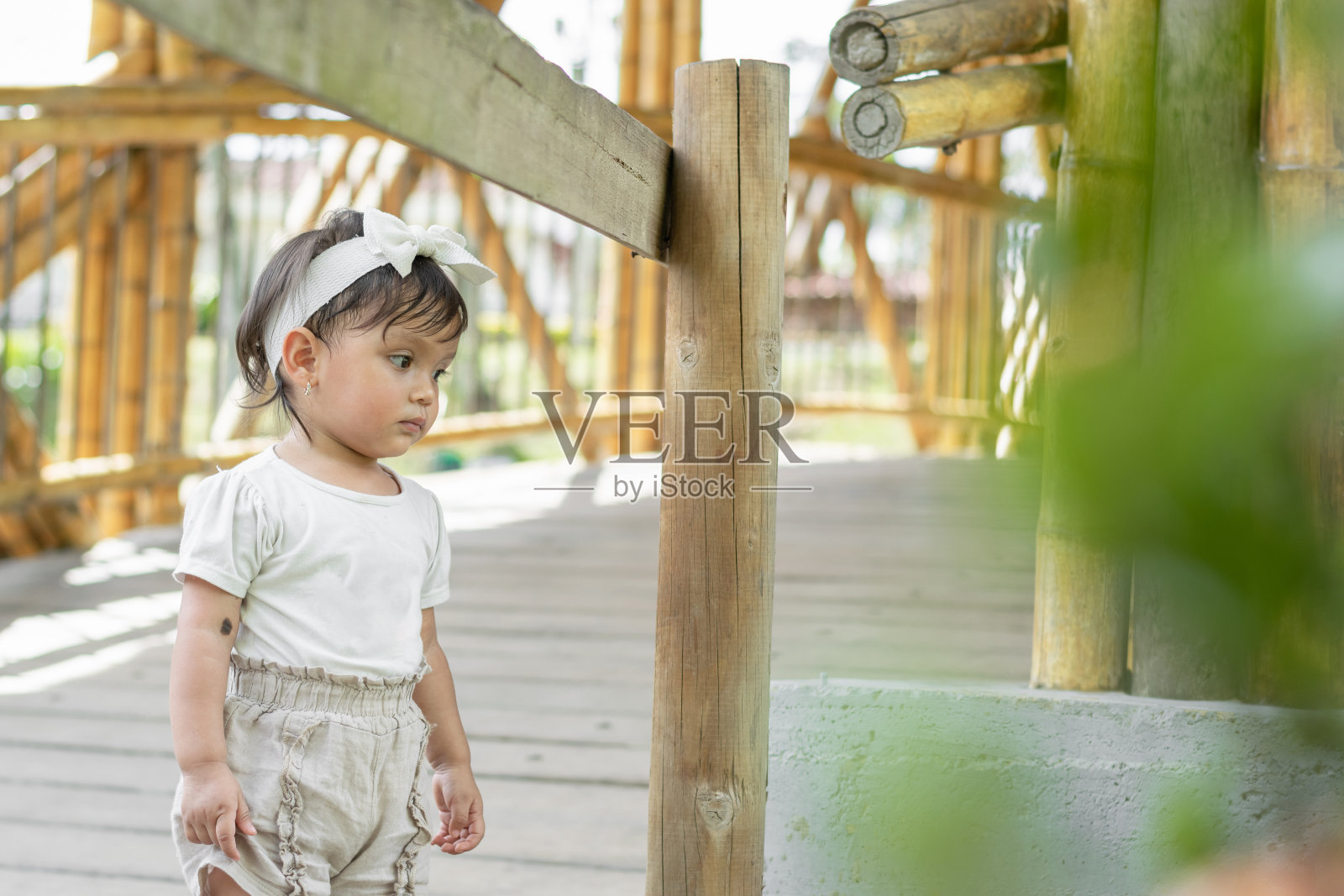 严肃的黑发小女孩站在木栅栏旁边，看着大自然照片摄影图片
