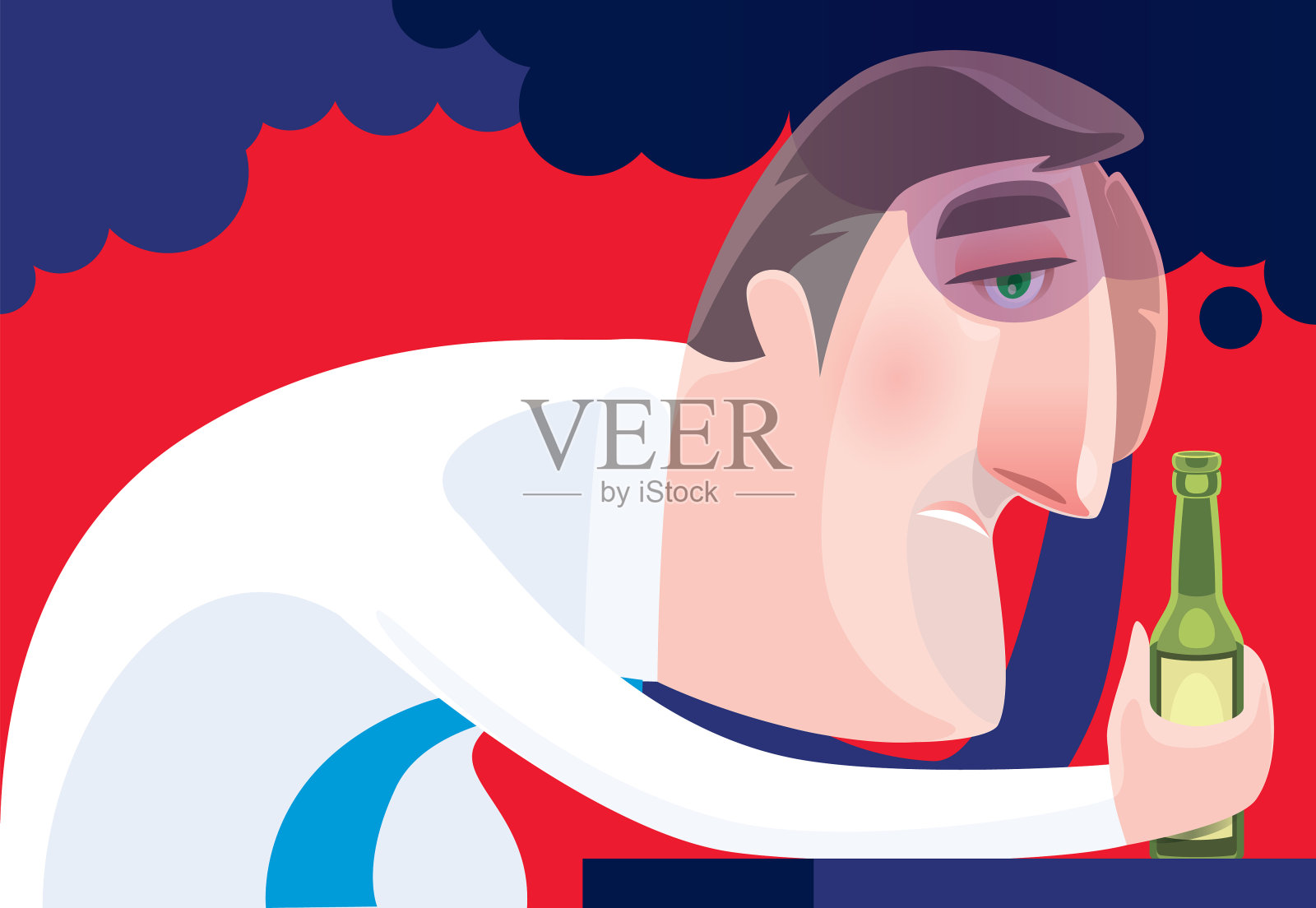 悲伤的中年男子拿着啤酒瓶和乌云覆盖插画图片素材